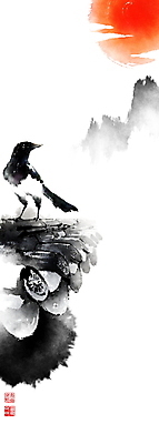 PSD 구름 한마리 일러스트 캘리그라피 붓터치 새해 산 기와 풍경 사람없음 설날 태양 일출 동양화 번짐 까치 낙관 국내일러스트 자연요소 1 명절 조류 미술 노을 파일형식 효과