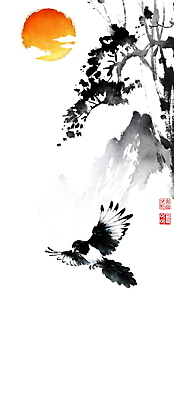 PSD 구름 한마리 일러스트 캘리그라피 붓터치 나뭇잎 새해 산 풍경 사람없음 설날 태양 일출 비행 소나무 동양화 번짐 까치 낙관 국내일러스트 자연요소 나무 1 명절 잎 조류 미술 노을 파일형식 효과