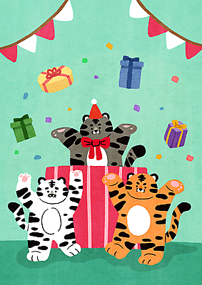 PSD 리본 일러스트 새해 세마리 사람없음 초록색 선물상자 귀여움 만세 고깔모자 축하 호랑이띠 호랑이 호랑이캐릭터 꽃가루 해피뉴이어 신년파티 가랜드 백호 2022년 임인년 흑호 국내일러스트 모자_잡화 컬러 동물캐릭터 컨셉 포유류 모션 3 선물 상자 파티 새해인사 십이지신 가루 연도 파티용품 파일형식 사방신