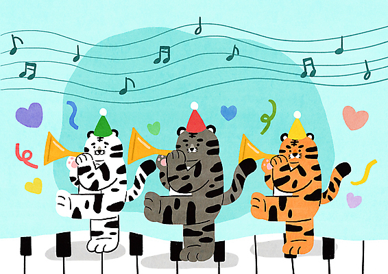 PSD 리본 하늘색 연주 음표 일러스트 새해 세마리 사람없음 귀여움 고깔모자 하트 축하 호랑이띠 호랑이 피아노건반 피아노 나팔 호랑이캐릭터 해피뉴이어 신년파티 백호 선율 2022년 임인년 흑호 국내일러스트 모양 모자_잡화 기호 악기 음악 동물캐릭터 컨셉 포유류 3 파란색 파티 새해인사 십이지신 건반 건반악기 연도 파일형식 사방신