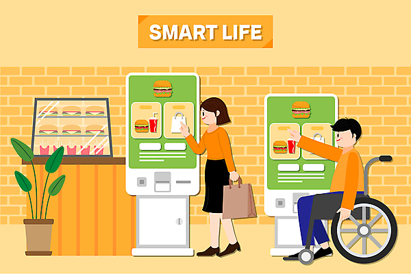 전신 여자 남자 화분 일러스트 패스트푸드 스마트라이프 서기 들기 앉기 성인 타이포그라피 두명 쇼핑백 노란색 감자튀김 햄버거 선택 장애인 스마트 휠체어 진열장 콜라 주문 편리함 무인기계 키오스크 패스트푸드점 성인만 국내일러스트 AI파일 문자 라이프스타일 컬러 컨셉 가방 모션 감자 사람 상점 튀김 인스턴트 탄산음료 장애 파일형식 벡터