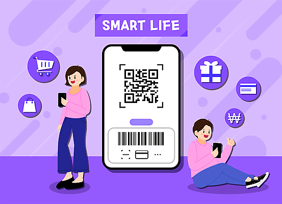 전신 여자 남자 일러스트 스마트라이프 서기 들기 앉기 성인 타이포그라피 두명 선물상자 스마트폰 쇼핑백 보라색 쇼핑카 최고 원화 신용카드 스마트 바코드 편리함 QR코드 성인만 스마트페이 제로페이 국내일러스트 AI파일 문자 라이프스타일 컬러 컨셉 돈 가방 모션 선물 사람 금융 핸드폰 스마트기기 쇼핑 상자 카트 결제 파일형식 벡터