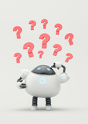 PSD 편집 편집이미지 3D캐릭터 정보기술 사람없음 3D 손들기 물음표 흰색 로봇 디지털합성 호기심 의문 헷갈림 편집소스 채팅봇 AI_인공지능 편집3D 캐릭터 기호 감정 컬러 컨셉 모션 기술 파일형식