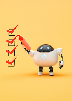 PSD 편집 편집이미지 3D캐릭터 정보기술 들기 사람없음 노란색 3D 로봇 디지털합성 체크표시 빨간펜 체크리스트 편집소스 채팅봇 AI_인공지능 편집3D 캐릭터 컬러 모션 기술 펜 확인 파일형식