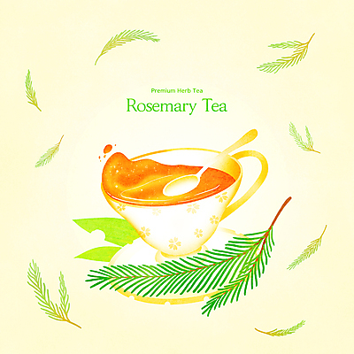 PSD 잎 일러스트 사람없음 노란색 찻잔 티스푼 컵받침 홍차 로즈메리 허브차 국내일러스트 식물 컬러 잔 차_음료 숟가락 허브 받침대 파일형식