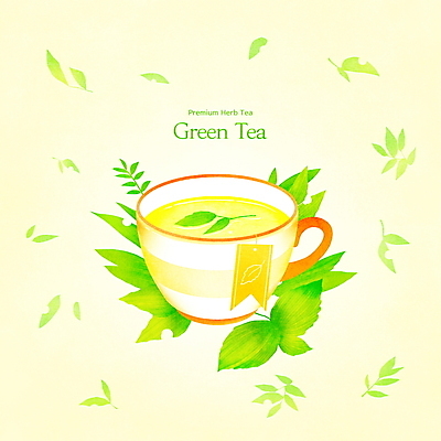 PSD 잎 일러스트 사람없음 연두색 노란색 꼬리표 찻잔 녹차 티백 국내일러스트 식물 컬러 잔 초록색 차_음료 라벨 파일형식
