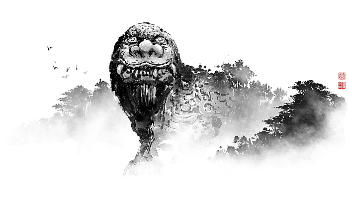 PSD 나무 일러스트 캘리그라피 조류 붓터치 사람없음 계곡 숲 먹 동양화 석상 번짐 낙관 해태 해태상 국내일러스트 식물 동물 서예 미술 석조물 파일형식 효과