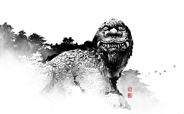 PSD 나무 일러스트 캘리그라피 조류 붓터치 사람없음 계곡 숲 먹 동양화 석상 번짐 낙관 해태 해태상 국내일러스트 식물 동물 서예 미술 석조물 파일형식 효과