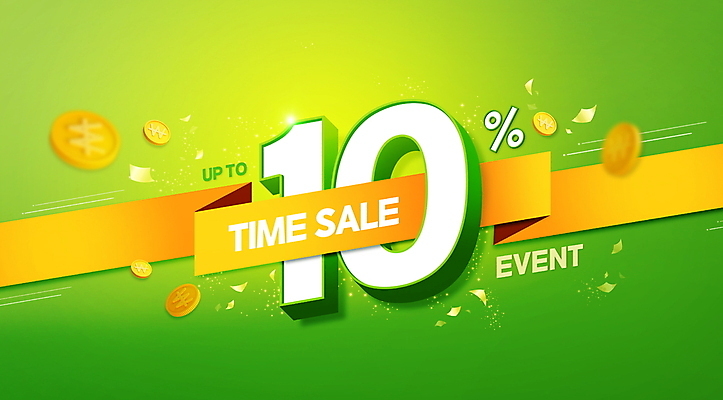 PSD 편집이미지 리본 지폐 이벤트 타이포그라피 사람없음 초록색 세일 동전 꽃가루 10% 타임세일 프로모션 이미지편집 문자 컬러 돈 퍼센트 가루 파일형식