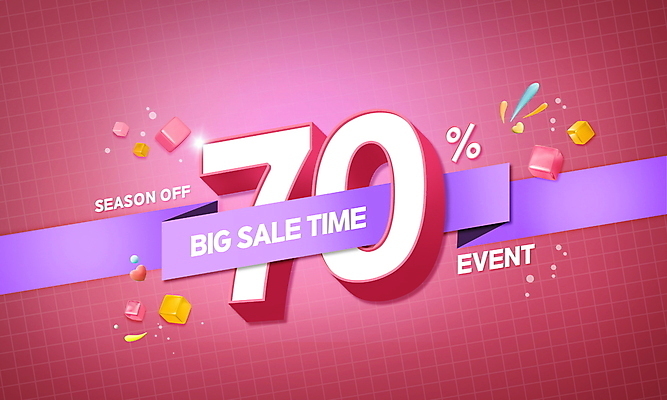 PSD 편집이미지 리본 분홍색 타이포그라피 사람없음 세일 사각형 하트 정사각형 70% 빅세일 시즌오프 이미지편집 모양 도형 문자 컬러 퍼센트 파일형식