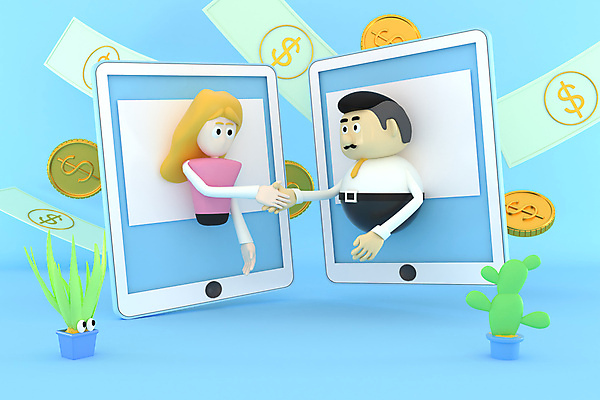 JPG 해외이미지 응시 여자 남자 화분 지폐 일러스트 비즈니스 성공 악수 선인장 3D캐릭터 상반신 성인 두명 파란색 3D 동전 비즈니스맨 비즈니스우먼 계약 식물캐릭터 화상통화 성인만 해외일러스트 식물 캐릭터 시선 컬러 컨셉 돈 사람 손짓 직장인 디지털합성 통화 파일형식 이미지허브