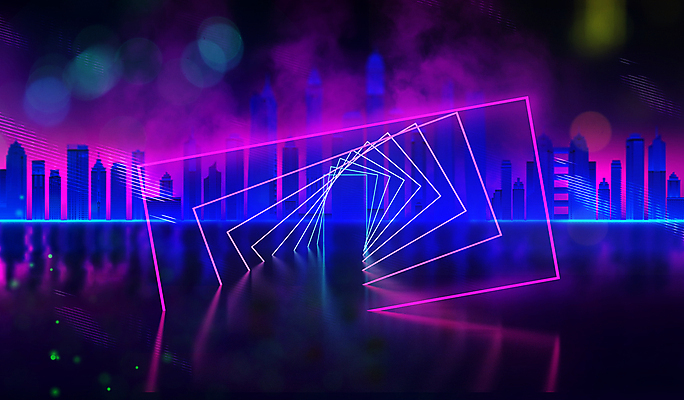 EPS 해외이미지 실루엣 일러스트 사람없음 건물 파란색 빛 반짝임 반사 문 사각형 보라색 고층빌딩 도시 네온 그라데이션 스카이라인 해외일러스트 도형 건축물 컬러 모션 촬영기법 빌딩 파일형식 벡터 이미지허브