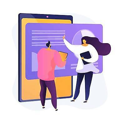 EPS 해외이미지 전신 여자 남자 일러스트 비즈니스 그래프 들기 성인 두명 태블릿 자료 분석 전략 성인만 해외일러스트 컨셉 모션 사람 전자제품 스마트기기 파일형식 벡터 이미지허브