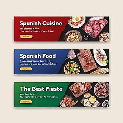 EPS 해외이미지 템플릿 접시 배너 가로배너 일러스트 새우 육류 스테이크 사람없음 빨간색 초록색 파란색 바게트 나무도마 살라미 스페인음식 타파스 배너세트 해외일러스트 식기 빵 컬러 식재료 도마 서양음식 갑각류 목재 가로 세트 애피타이저 파일형식 벡터 이미지허브