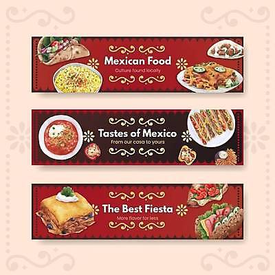 EPS 해외이미지 템플릿 접시 배너 가로배너 일러스트 파프리카 샌드위치 사람없음 빨간색 검은색 멕시코음식 타코 배너세트 해외일러스트 식기 음식 컬러 채소 서양음식 가로 세트 파일형식 벡터 이미지허브