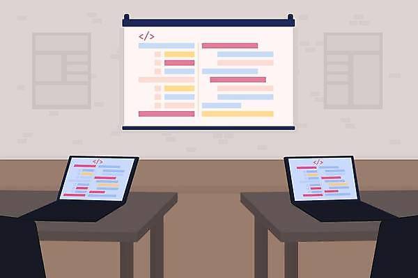 EPS 해외이미지 교육 일러스트 교실 사람없음 노트북 스터디 스크린 강의 스마트 개발 프로그래밍 해외일러스트 컨셉 학교 전자제품 학습 작업 파일형식 벡터 이미지허브