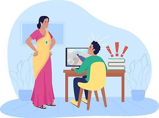 EPS 해외이미지 전신 여자 남자 아들 어린이 허리손 하늘색 의자 일러스트 엄마 서기 앉기 소년 성인 두명 책 컴퓨터 모니터 놀람 게임 느낌표 인도인 꾸지람 책상 잔소리 숙제검사 인도의상 해외일러스트 외국인 기호 감정 포즈 가구 가족 모션 놀이 표정 사람 동양인 파란색 전자제품 전통의상 체벌 파일형식 벡터 이미지허브