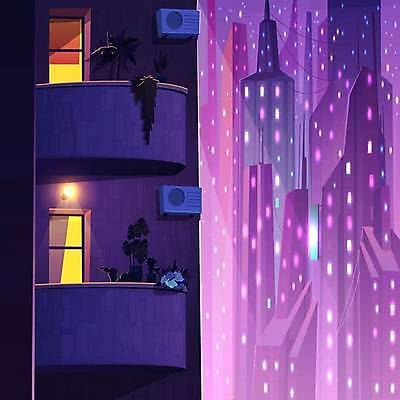 EPS 해외이미지 식물 야경 일러스트 조명 사람없음 건물 도시풍경 보라색 발코니 도시 해외일러스트 건축물 컬러 풍경 야간 파일형식 벡터 풍경_경치 이미지허브