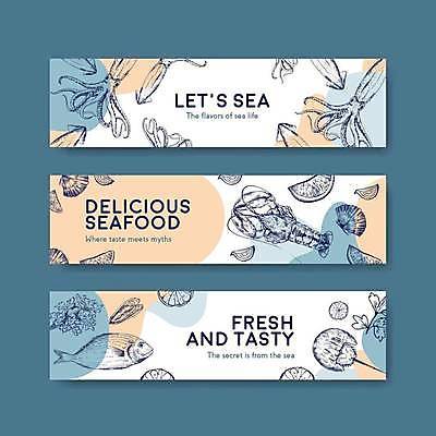 EPS 해외이미지 템플릿 배너 가로배너 잎 여러마리 일러스트 조개 파슬리 어류 파란색 노란색 흰색 바닷가재 해산물 오징어 배너세트 해외일러스트 식물 컬러 다수 채소 어패류 연체동물 가로 세트 수중동물 가재 파일형식 벡터 이미지허브