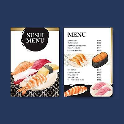 EPS 해외이미지 접시 리플렛 일러스트 사람없음 초밥 메뉴 메뉴판 연어 군함말이초밥 롤스시 새우초밥 성게알 연어초밥 일본음식 해외일러스트 식기 음식 새우 어류 알 파일형식 벡터 이미지허브