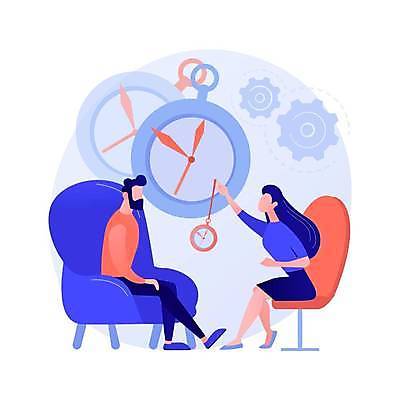 EPS 해외이미지 전신 여자 남자 시계 의자 일러스트 들기 앉기 성인 두명 치료 환자 의사 톱니바퀴 우울증 정신과 최면 성인만 해외일러스트 가구 의학 모션 병원 사람 의료진 질병 파일형식 벡터 이미지허브