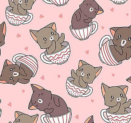 EPS 해외이미지 분홍색 동물캐릭터 패턴 여러마리 일러스트 사람없음 컵 손들기 귀여움 고양이 패턴백그라운드 들어가기 해외일러스트 일러캐릭터 동물 캐릭터 식기 컬러 다수 백그라운드 컨셉 무늬 포유류 모션 반려동물 파일형식 벡터 이미지허브