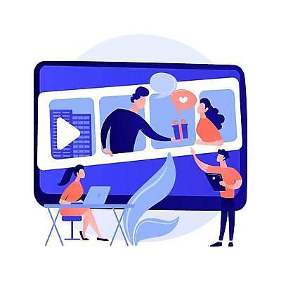 EPS 해외이미지 전신 커플 여자 남자 말풍선 의자 일러스트 수업 들기 앉기 여러명 상반신 성인 선물상자 노트북 디지털 가리킴 타이핑 강의 주기 영상 동영상 성인만 디지털라이프 해외일러스트 라이프스타일 교육 가구 다수 관계 모션 선물 사람 손짓 전자제품 상자 파일형식 벡터 이미지허브