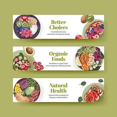 EPS 해외이미지 템플릿 배너 가로배너 빵 토마토 채소 일러스트 딸기 포도 키위 사람없음 샐러드 흰색 사과 블루베리 아보카도 건강식 배너세트 식단관리 해외일러스트 음식 컬러 과일 가로 세트 파일형식 벡터 이미지허브