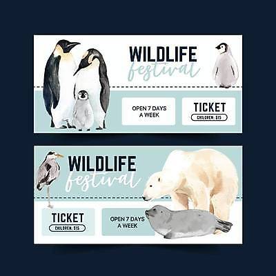 EPS 해외이미지 영어 야생동물 하늘색 여러마리 일러스트 조류 동물원 타이포그라피 사람없음 티켓 펭귄 상품권 북극곰 하프물범 해외일러스트 동물 문자 다수 곰 포유류 파란색 파일형식 벡터 이미지허브