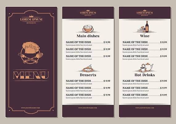 EPS 해외이미지 포크 일러스트 디저트 요리사모자 사람없음 레스토랑 와인 숟가락 보라색 흰색 고급 커피잔 찻주전자 메뉴 메뉴판 해외일러스트 모자_잡화 식기 커피 음식 컬러 컨셉 주전자 잔 주류 수저 식당 요리사 파일형식 벡터 이미지허브