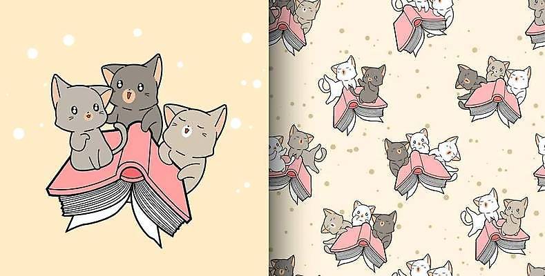 EPS 해외이미지 동물캐릭터 패턴 여러마리 일러스트 앉기 사람없음 책 귀여움 고양이 패턴백그라운드 승차 베이지색 해외일러스트 일러캐릭터 동물 캐릭터 컬러 다수 백그라운드 컨셉 무늬 포유류 모션 반려동물 파일형식 벡터 이미지허브