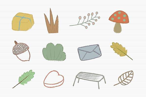 EPS 해외이미지 낙엽 잎 벤치 일러스트 나뭇잎 편지봉투 사람없음 선물상자 세트 버섯 하트 도토리 엘리먼트 해외일러스트 모양 식물 의자 봉투 선물 상자 견과류 편지 파일형식 벡터 이미지허브