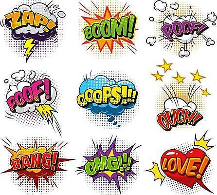 EPS 해외이미지 디자인 별 말풍선 스티커 일러스트 사랑 사람없음 세트 하트 메시지 유머 번개 폭발 팝아트 코믹 카툰스타일 엘리먼트 팝 효과 해외일러스트 자연요소 모양 감정 날씨 그림 파일형식 벡터 이미지허브