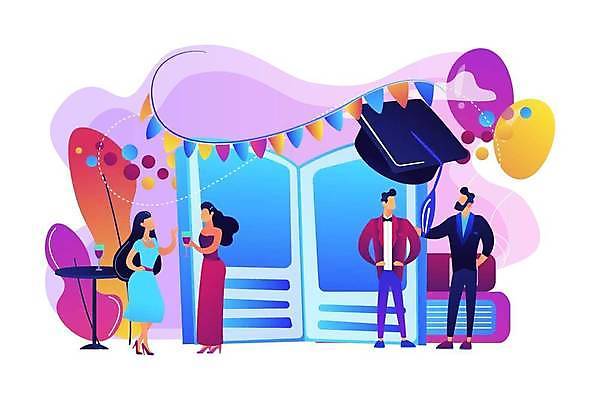 EPS 해외이미지 전신 라이프스타일 드레스 여자 남자 허리손 일러스트 학사모 졸업식 대화 서기 정장 여러명 성인 책 파티 풍선 가랜드 얼굴없음 성인만 해외일러스트 모자_잡화 옷 포즈 다수 졸업 모션 말하기 사람 이벤트 생활 파티용품 파일형식 벡터 이미지허브