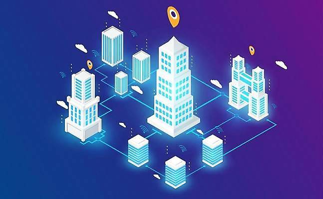 EPS 해외이미지 일러스트 주택 사람없음 건물 빛 3D 고층빌딩 흰색 도시 연결 와이파이 네온 위치 스카이라인 해외일러스트 건축물 컬러 빌딩 디지털합성 무선인터넷 파일형식 벡터 이미지허브