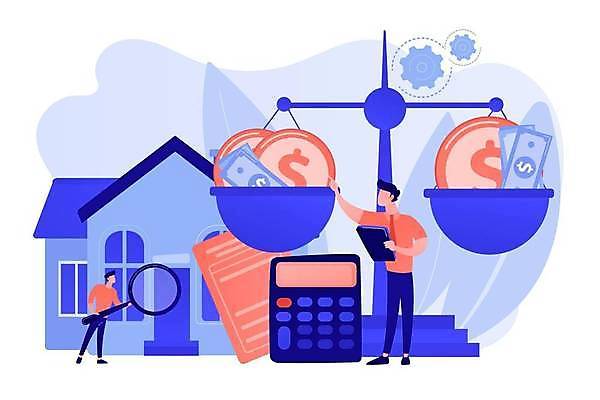 EPS 해외이미지 전신 남자 일러스트 돋보기 부동산 들기 성인 두명 파란색 가리킴 양팔저울 성인남자만 코랄 해외일러스트 컬러 모션 저울 사람 손짓 재산 남자만 성인만 파일형식 벡터 이미지허브