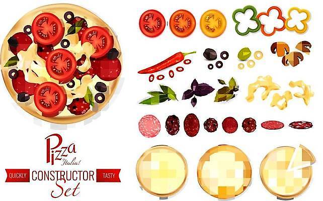 EPS 해외이미지 토마토 일러스트 고추 피망 치즈 피자 사람없음 올리브 토핑 살라미 페퍼로니 해외일러스트 열매 채소 유제품 패스트푸드 서양음식 소시지 파일형식 벡터 이미지허브