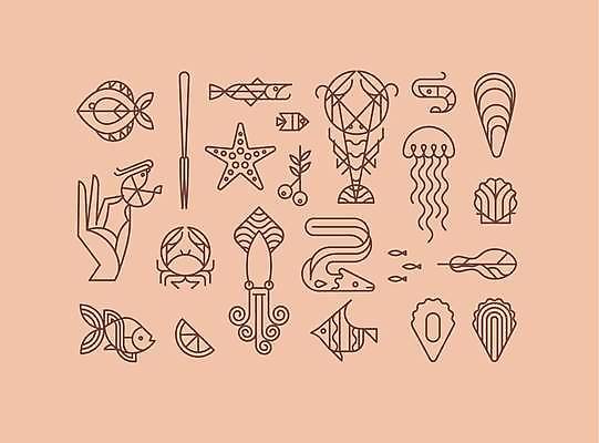 EPS 해외이미지 디자인 선 음식 바다 조각 일러스트 새우 육류 어류 스테이크 미술 그래픽 장식 세트 유행 라벨 상점 식당 수확 게 껍질 굴 플랫 그릴 참치 심볼 해산물 사인 메뉴 오징어 심플 배지 문어 통조림 엘리먼트 스타일 모노그램 해외일러스트 농업 식재료 주방용품 문화예술 어패류 연체동물 프레임 서양음식 갑각류 수중동물 파일형식 벡터 이미지허브