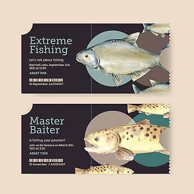 EPS 해외이미지 영어 여러마리 일러스트 낚시 어류 타이포그라피 사람없음 검은색 원형 티켓 바코드 낚시터 해외일러스트 도형 문자 컬러 다수 레저 수중동물 파일형식 벡터 이미지허브