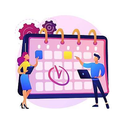 EPS 해외이미지 전신 여자 남자 일러스트 비즈니스 들기 성인 두명 노트북 달력 가리킴 체크표시 서류판 성인만 해외일러스트 모션 사람 손짓 전자제품 사무용품 확인 파일형식 벡터 이미지허브