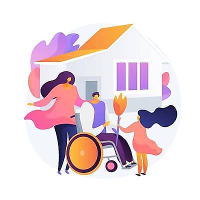 EPS 해외이미지 라이프스타일 여자 남자 꽃 어린이 일러스트 가족 주택 서기 들기 앉기 성인 세명 장애인 휠체어 주기 얼굴없음 해외일러스트 식물 관계 모션 사람 건물 생활 장애 파일형식 벡터 이미지허브