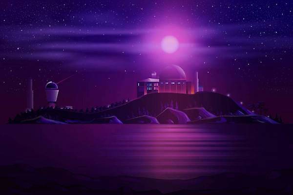 EPS 해외이미지 구름 바다 섬 야경 일러스트 사람없음 건물 보라색 달 천문대 해외일러스트 자연요소 건축물 컬러 야간 파일형식 벡터 풍경_경치 이미지허브
