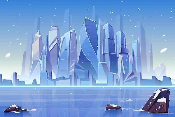 EPS 해외이미지 건축물 백그라운드 겨울 일러스트 사람없음 파란색 고층빌딩 미래도시 스카이라인 눈내림 해외일러스트 계절 건축 컬러 미래 눈_날씨 빌딩 도시 파일형식 벡터 이미지허브