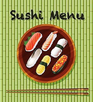 EPS 해외이미지 접시 일러스트 요리 타이포그라피 사람없음 초록색 초밥 메뉴 대나무발 모듬초밥 나무젓가락 계란초밥 군함말이초밥 문어회 새우초밥 연어알 참치초밥 해외일러스트 문자 식기 컬러 젓가락 새우 알 회 모듬 일본음식 파일형식 벡터 이미지허브