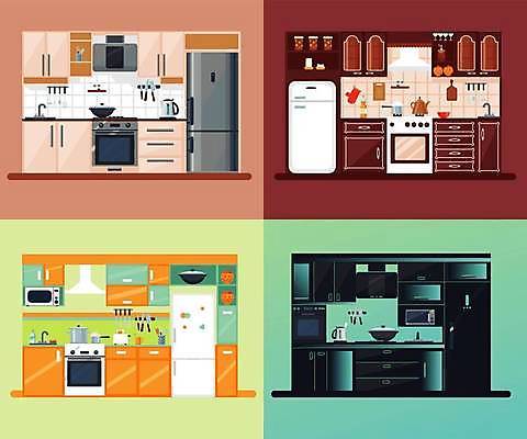 EPS 해외이미지 일러스트 비즈니스 사람없음 인테리어 오븐 냄비 싱크대 서랍장 냉장고 환풍기 해외일러스트 디자인 가구 장비 가전제품 솥 개수대 파일형식 벡터 이미지허브