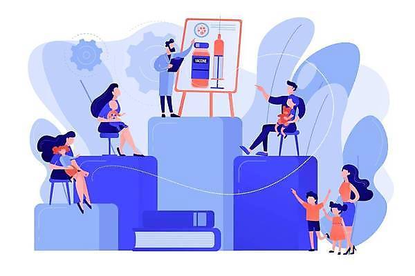 EPS 해외이미지 전신 여자 남자 어린이 일러스트 앉기 소년 여러명 성인 파란색 만세 가리킴 예방 백신 접종 코랄 해외일러스트 컬러 다수 의학 모션 사람 손짓 파일형식 벡터 이미지허브