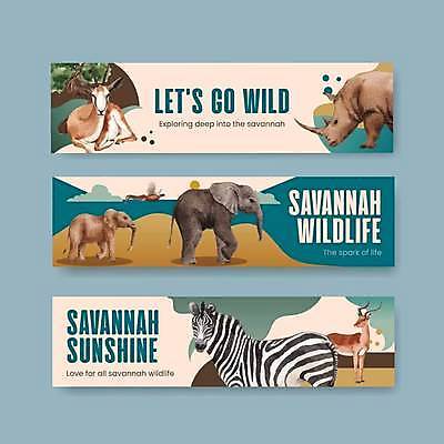 EPS 해외이미지 템플릿 배너 가로배너 야생동물 여러마리 일러스트 사슴 코끼리 사람없음 얼룩말 코뿔소 사바나 배너세트 해외일러스트 동물 다수 포유류 가로 세트 말_동물 파일형식 벡터 이미지허브