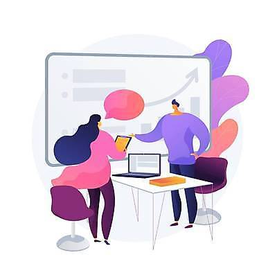 EPS 해외이미지 전신 여자 남자 말풍선 의자 일러스트 회의 들기 성인 두명 노트북 자료 책상 서류판 성인만 해외일러스트 가구 비즈니스 모션 사람 전자제품 사무용품 파일형식 벡터 이미지허브