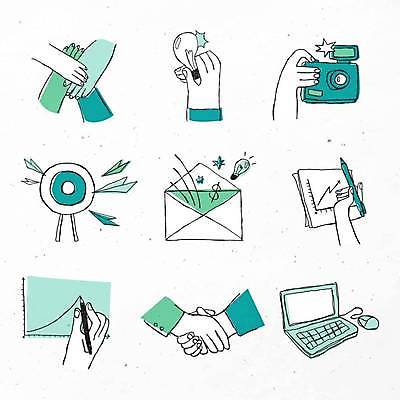 EPS 해외이미지 손 스티커 라인일러스트 일러스트 전구 그래프 편지봉투 악수 들기 사람없음 신체부위 노트북 세트 펜 카메라 그리기 과녁판 종이비행기 손모양 민트색 해외일러스트 모양 컬러 모션 봉투 사람 손짓 전자제품 필기구 편지 종이접기 파일형식 벡터 손_신체부위 이미지허브