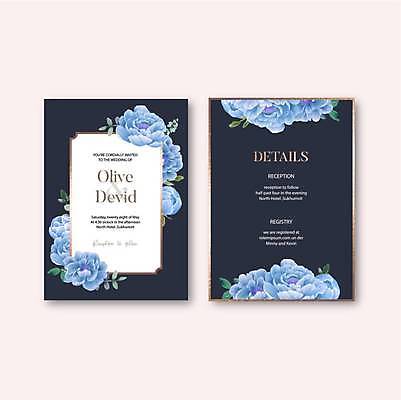 EPS 해외이미지 꽃 일러스트 사람없음 빈티지 분위기 남색 청첩장 손그림 감성 모란 해외일러스트 식물 컬러 컨셉 카드_감사 파일형식 벡터 이미지허브